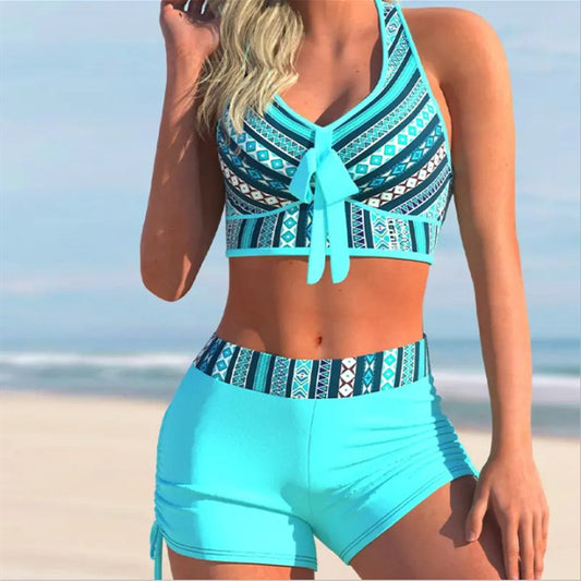 Traje de baƱo estampado de bikini con falda boxer dividida de talla grande explosiva para mujer - EspaƱa