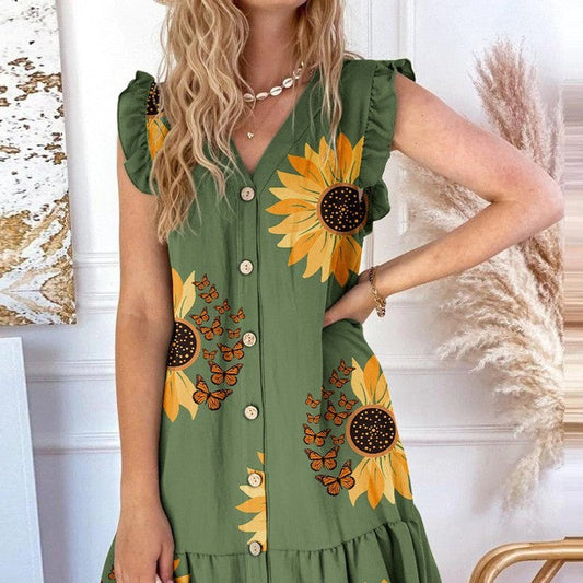EnvĆo gratisš„Vestido suelto estampado con cuello de pico y botones - EspaƱa
