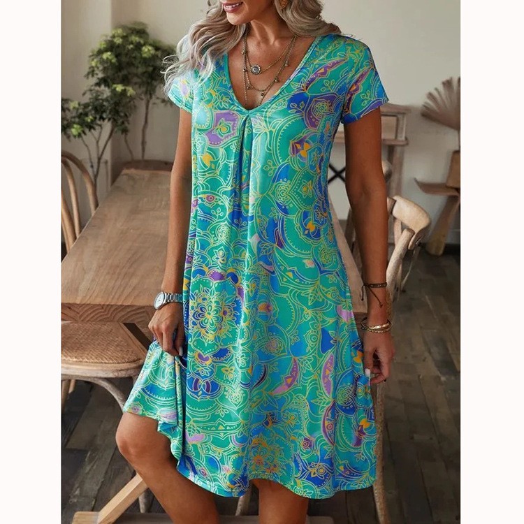 Vestido de manga corta con escote en pico y estampado holgado - España