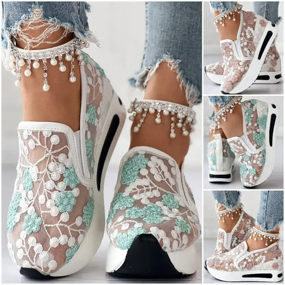 2024 principios de la primavera nueva malla zapatos individuales señaló muffin grueso fondo zapatos casuales bordados zapatos de las mujeres