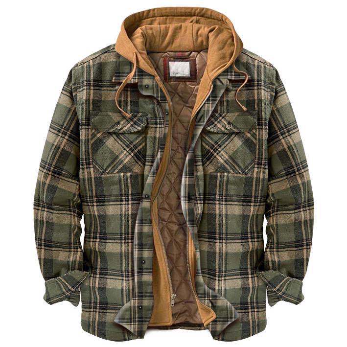 Shirt Jacket for Men Button and Zip Closure Plaid Thickened Loose Men's Casual Jacket Color Matching