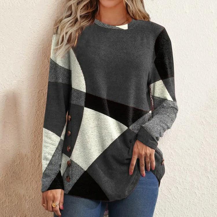 Camisola de manga comprida com colisão geométrica estampada solta para mulheres
