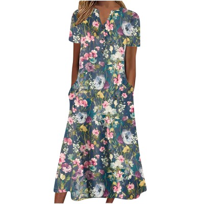 【S-3XL】Cuello en V Botón Manga Corta Suelta Dobladillo Vestido Impreso